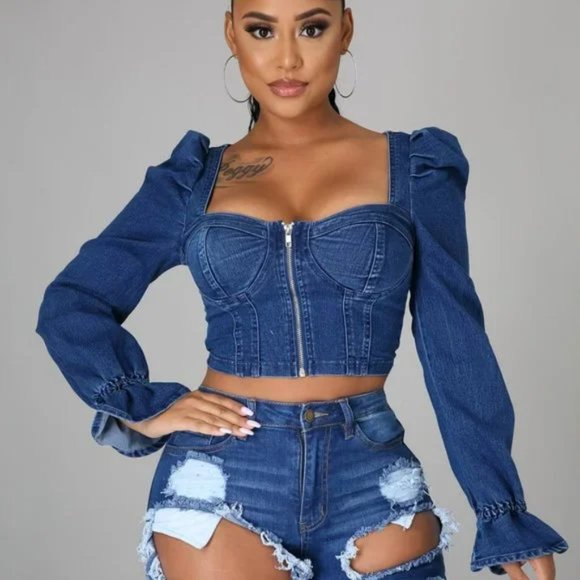 Tops | Blue Denim Jeans Long Sleeve Bustier Square Neck Crop Top | Poshmark